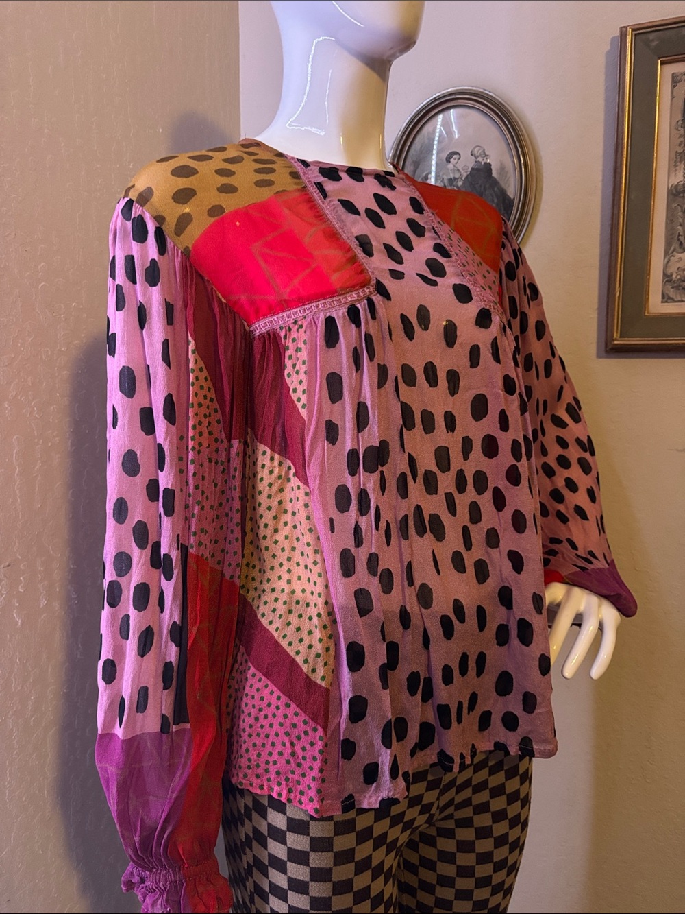 Women’s Pink Patchwork Polka Dot Blouse
